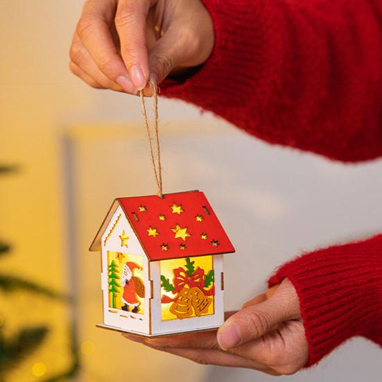 Yousheng Wooden Christmas Decor with LED Light 3D Carved Hanging Wood Star/Village House/Bell/Gift Box Ornament for Xmas Tree Decor