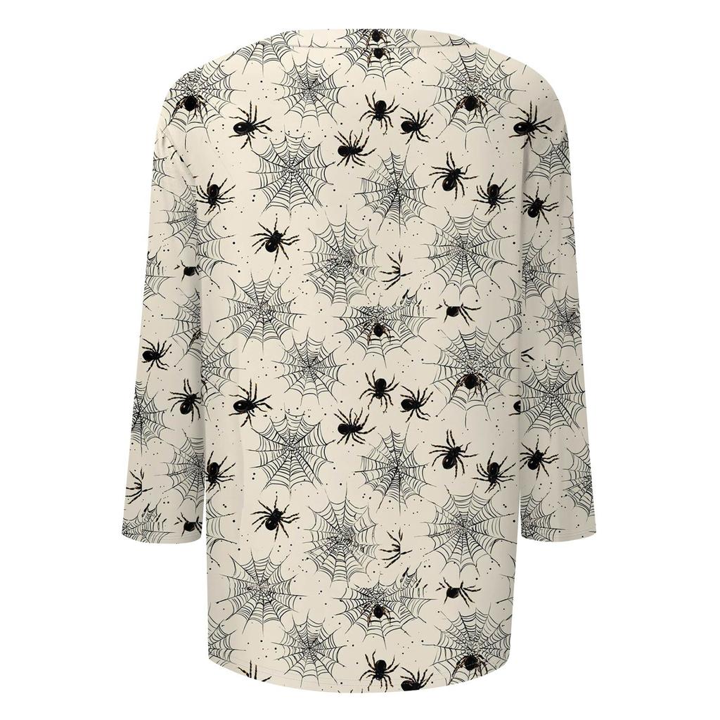 Women's Fashionable Casual Three-Quarter Sleeve Halloween Print Round Neck Top
