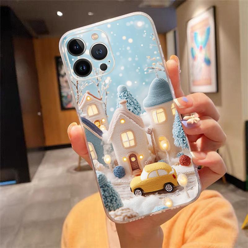 Phone Case For Iphone 17 16 Pro Max 15 14 13 Pro Max 17 Air 15 16 Pro 15Plus Cozy Crochet Winter Village Art