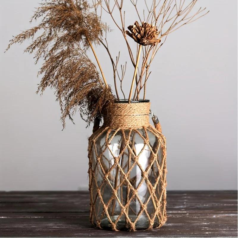 Vintage Hemp Rope Glass Vase Hand-Woven American Country-Style Creative Hydroponic Vase Desktop Decorative Flower Holder