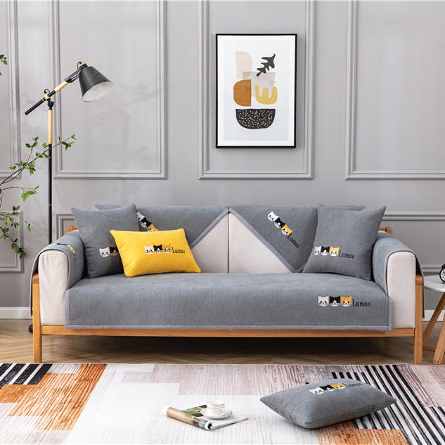 Four-season Model Chenille Sofa Towel Cute Cat Head Letters Fabric Sofa Cushion Non-slip Sofa Release