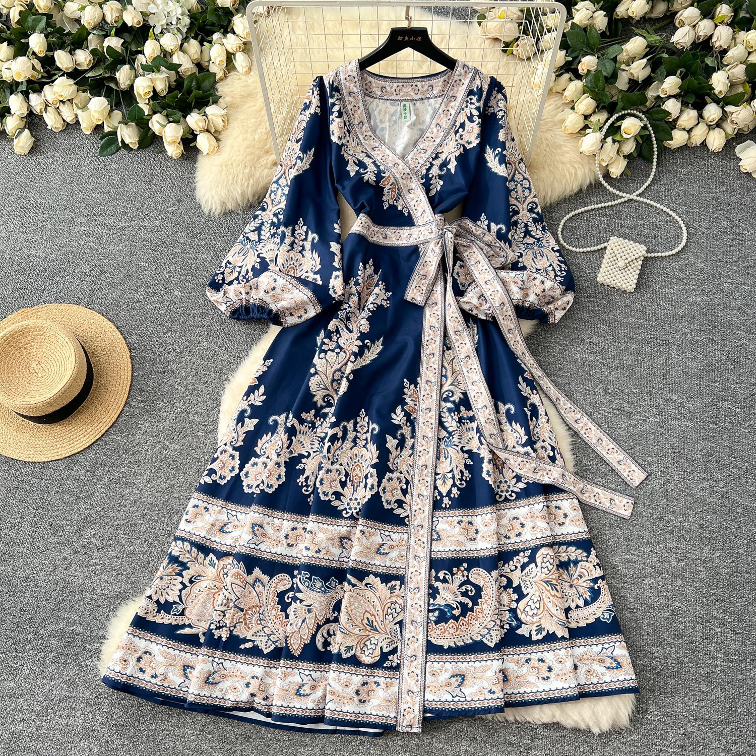 

Весна Осень Женщины V-образный вырез Плюс Размер Винтажный принт Фонари рукава шнуровка Праздничные платья для вечеринок Халат 3XL синий