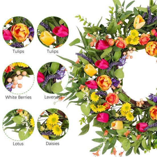 18" Tulip Wreath for Front Door Spring Summer Artificial Floral Garland with Eucalyptus Flowers for Indoor Outdoor Porch Window Wall Decor