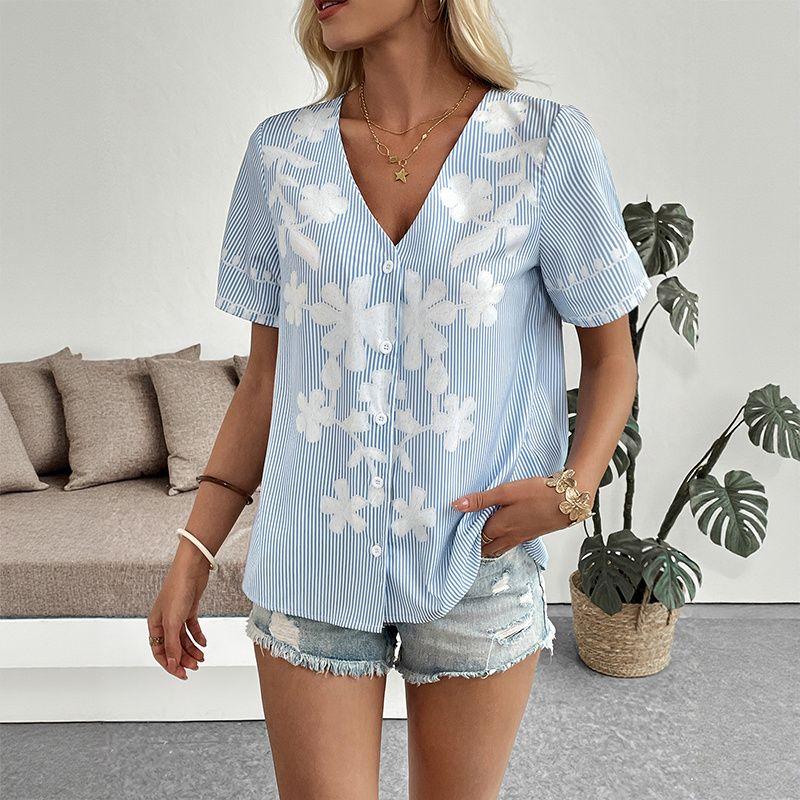 

Summer Women Blouse Casual Ladies Tops Summer Fashion Print Shirts blouses Top Blue XL