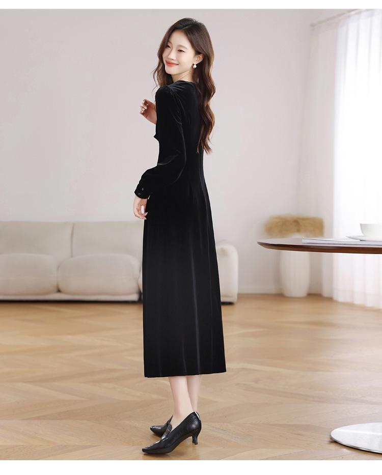 Genuine Velvet V-Neck Slim Long Dress for Women - French Chic Style