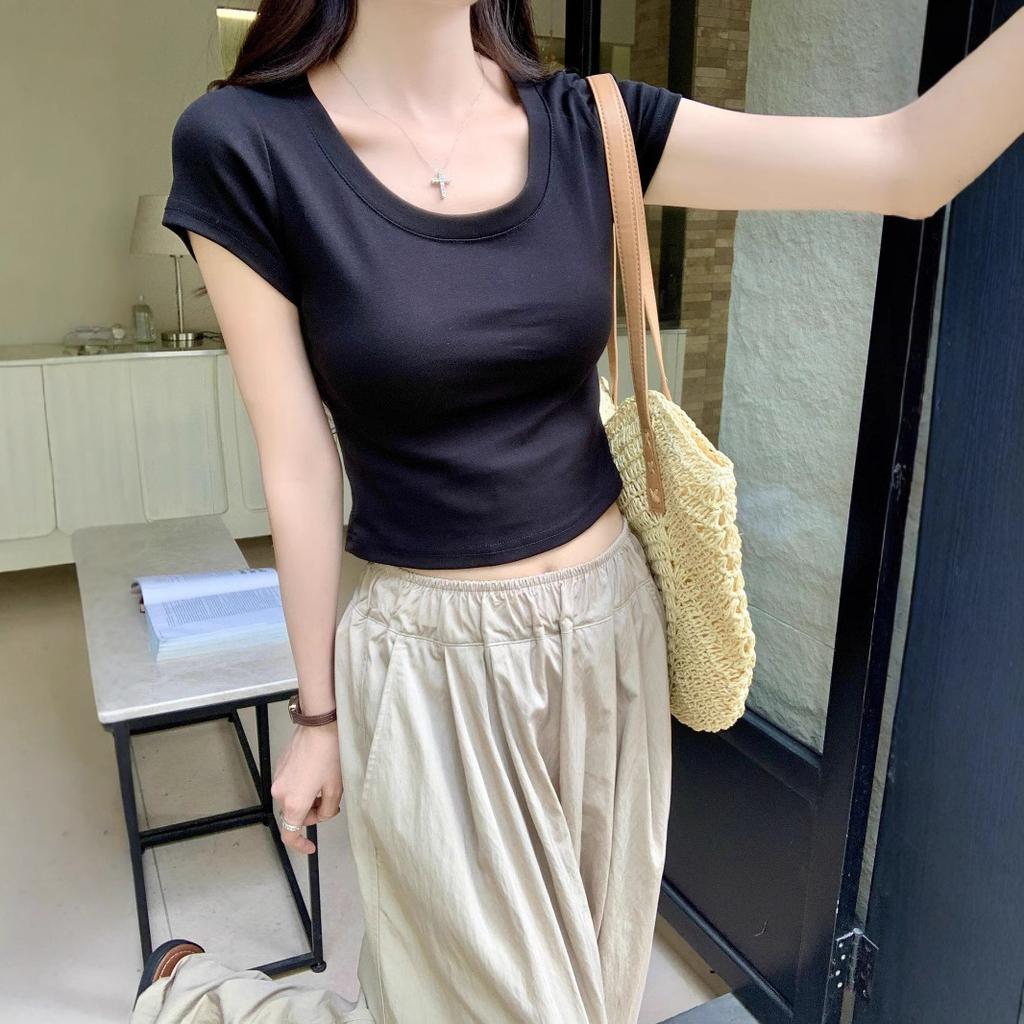 Camiseta de algodón puro de color liso con cuello en U y hombros descubiertos para mujer, nueva camiseta de verano, corta y ajustada.