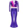 Girls Metallic Sequin Dance Set Long Sleeve Crop Top Paired with Sheer Mesh Bell Bottom Pants Performance Outfit