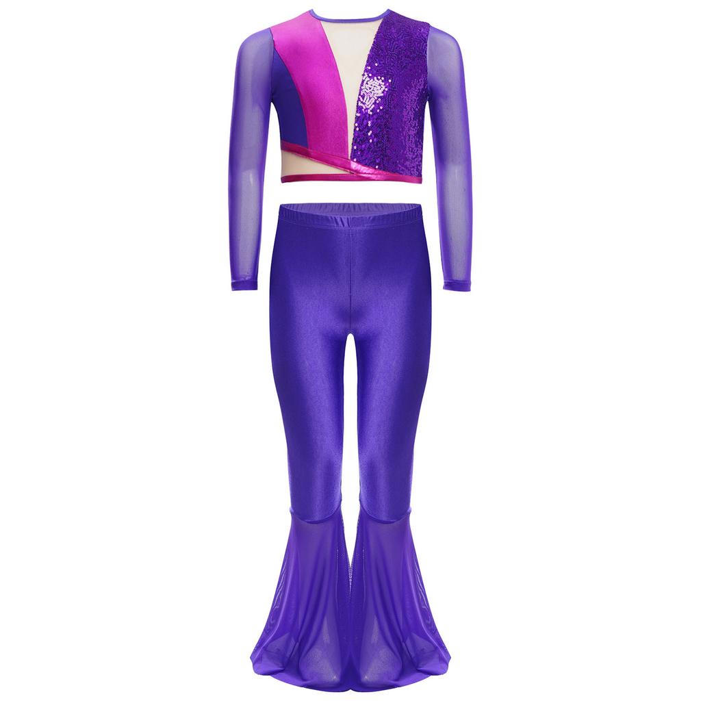 Girls Metallic Sequin Dance Set Long Sleeve Crop Top Paired with Sheer Mesh Bell Bottom Pants Performance Outfit