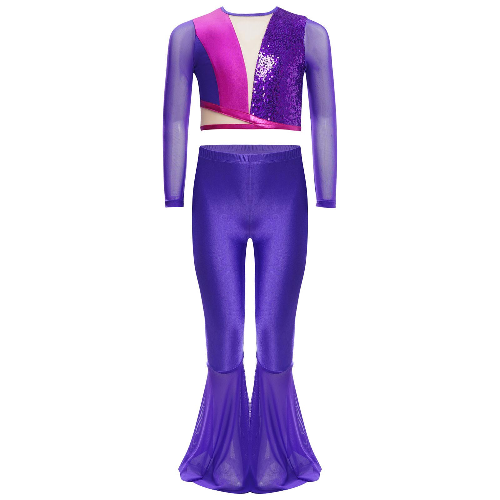 

Дівчачий металізований танцювальний набір з паєтками, кроп-топ з довгим рукавом у поєднанні з прозорими сітчастими брюками-кльош, костюм для виступу 7-8 Years фіолетовий