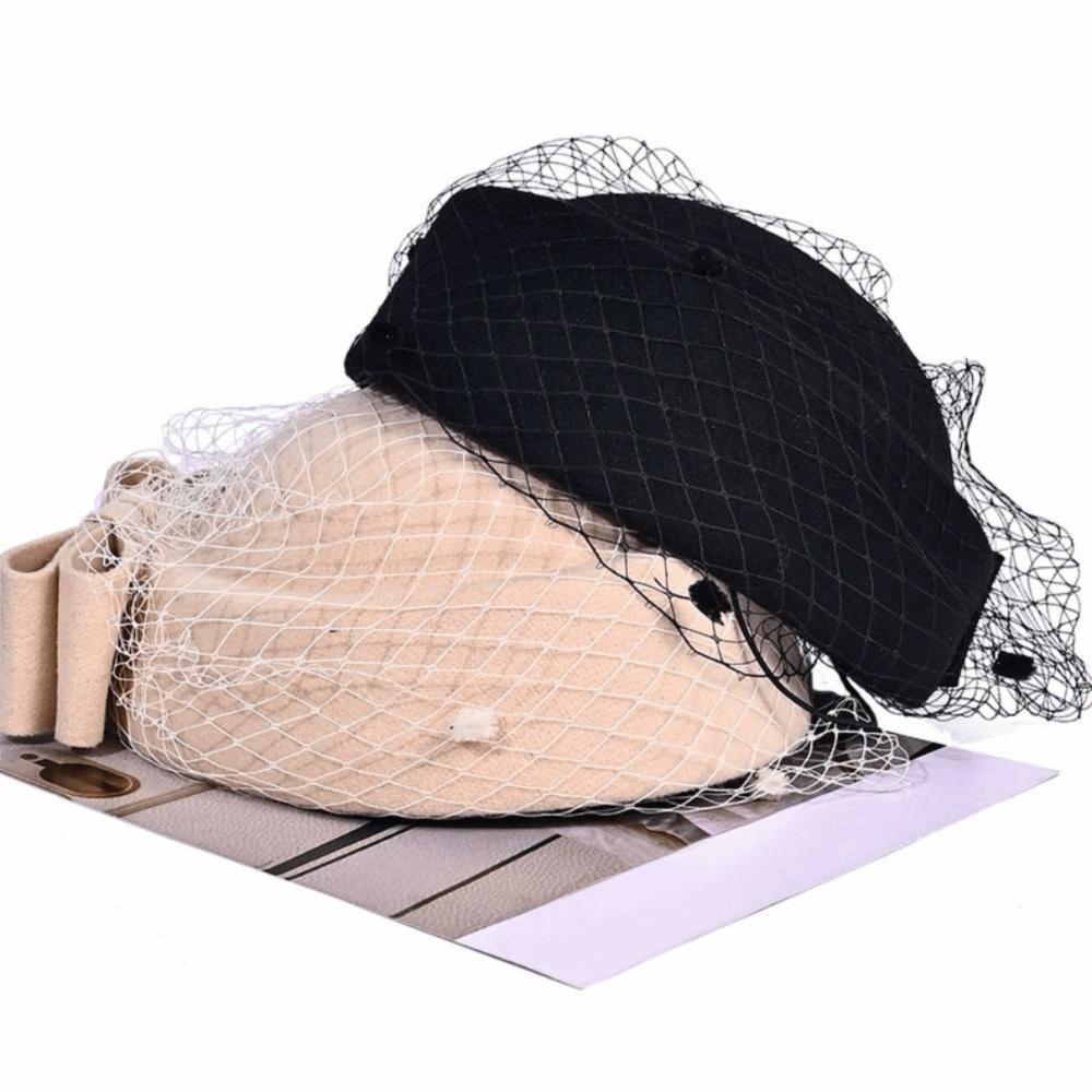 Mesh Pillbox Hat British Style Topper Hat Elegant Wool Bow Hat with Veil  Autumn Winter
