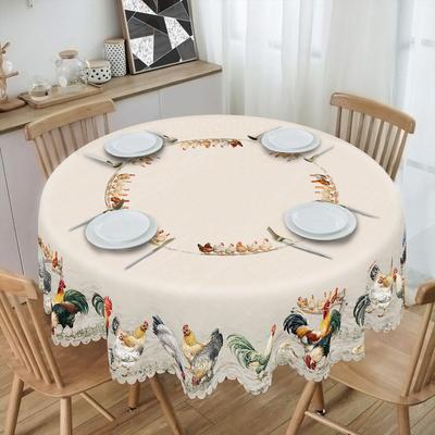 1 Pezzo di Tovaglia con Motivo Gallo, Gallina e Pulcini Retrò, Decorazione Primaverile ed Estiva in Stile Fattoria, Tovaglia in Poliestere Lavabile in Lavatrice,
