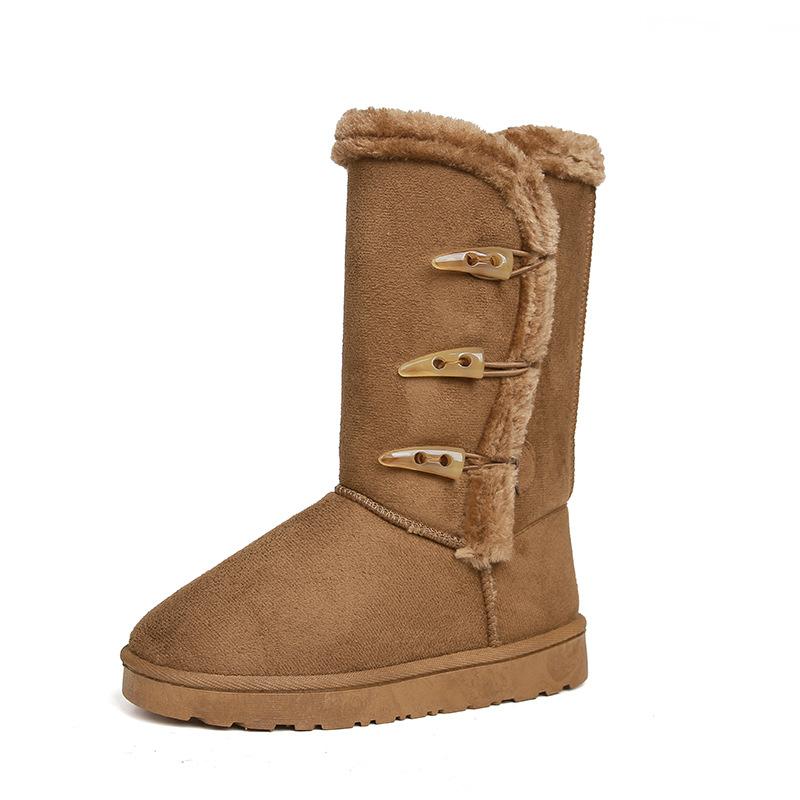 Winter velvet snow boots women's cotton shoes horn buckle medium and high boots flat bottom student warm boots