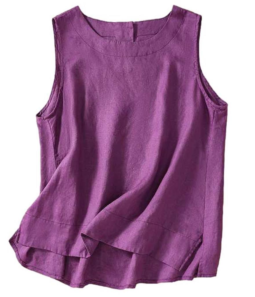 Nibunnoichi Style Sleeveless Back Buttons [1/2style] Women's A-Line Blouse, Linen, Cotton/Linen Blend, Flattering, (Purple, XXL)