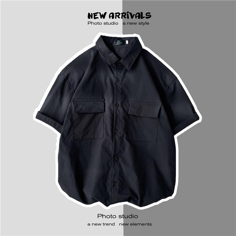 Men's Hong Kong Style Short-Sleeve Casual Shirt with Double Pockets