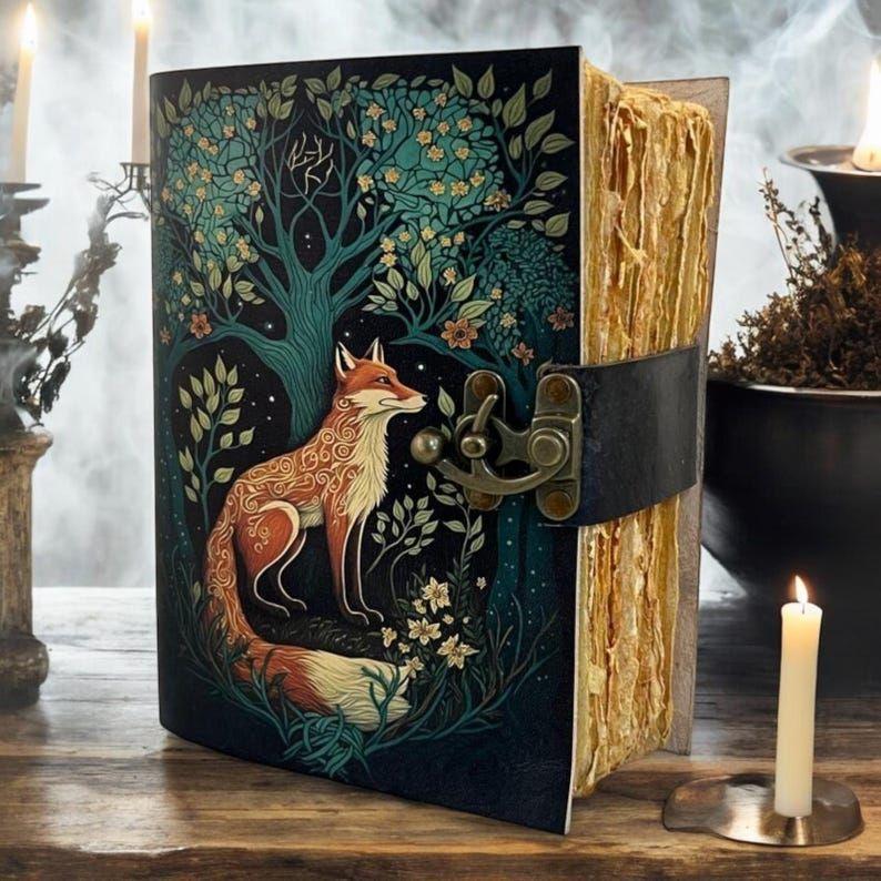 200 Page Large Fox Vintage Handmade leather Journal, Grimoire Fat journal Blank spell book of shadows Celestial Christmas Gifts For Him Her