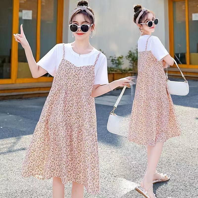 Maternity Clothes New Dress Floral Zou Ju Spring and Summer Thin Fake Two Loose Large Size Medium and Long T-shirt Skirt