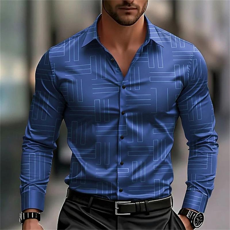 Men's Casual Long-Sleeve Slim Fit Black Geometric Pattern Breathable Versatile Formal Shirt Fashion Outdoor Men's Top