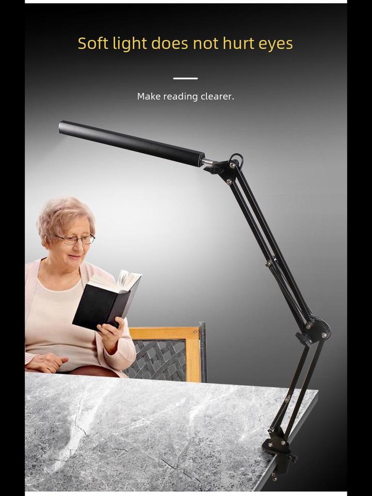 Lámpara de escritorio con protección ocular LED con USB para dormitorio, mesita de noche o lectura: diseño de clip plegable de brazo largo.