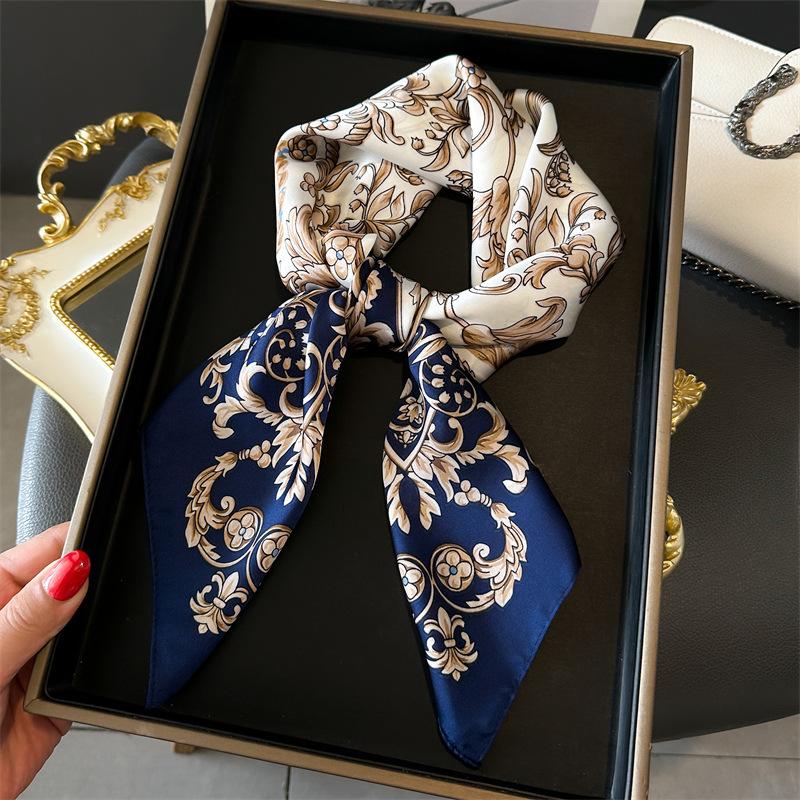 Spring/Summer New70*70cm Square Scarf Breathable Flower  Print Neckerchief Women’s Classical Imitation Silk Bandannas