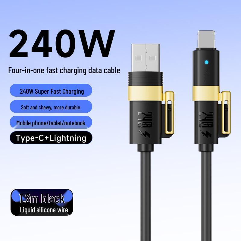 240W Fast Charging 4-in-1 PD Silicone Cable for Apple, Huawei, Car Chargers