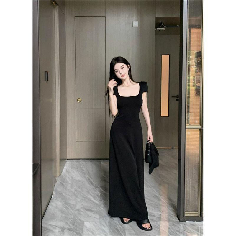 French sweet and spicy style sexy square-neck dress for women, summer Korean design with a cinched waist fitted hip-hugging long dress