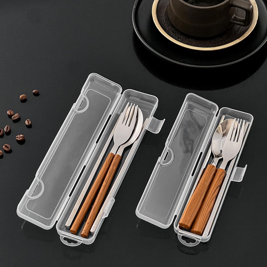 4Pcs/Set Picnic Cutlery Set Wood Grain Handle 304 Stainless Steel Fork Spoon Chopsticks With Case Outdoor Portable Dinnerware