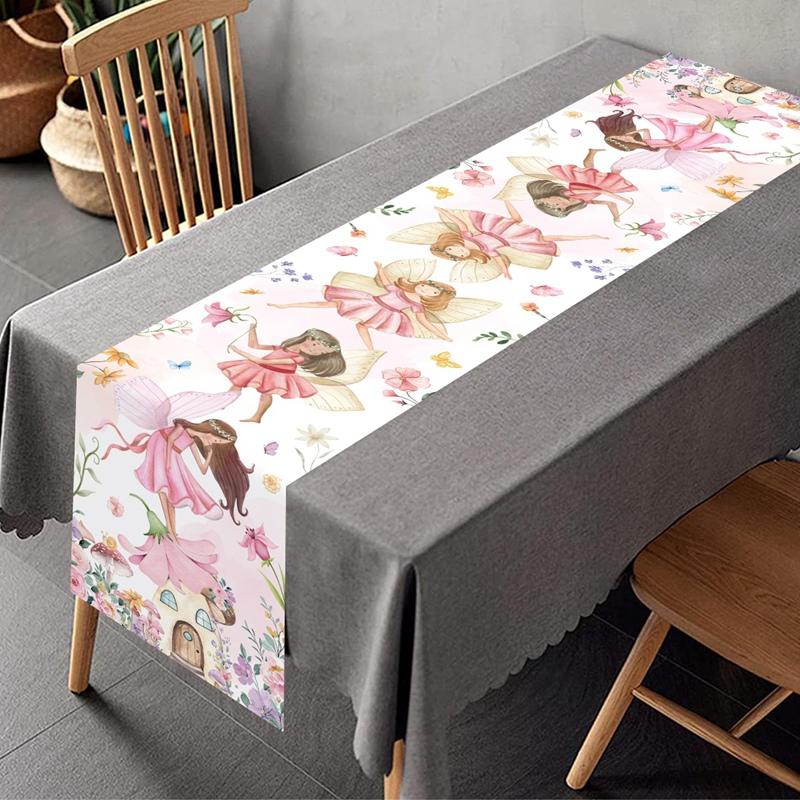 Cartoon Fairy Flower Pink Butterfly Flower Table Runner Wedding Decor Party Table Runners Kitchen Dining Table Cover Table Mats