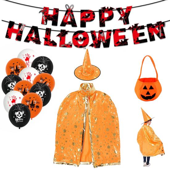 Child Witch Costume Unique Anime Cosplay Cape Hat Set Sparkling Pentagram Design with Pumpkin Bag Halloween Party Supplies