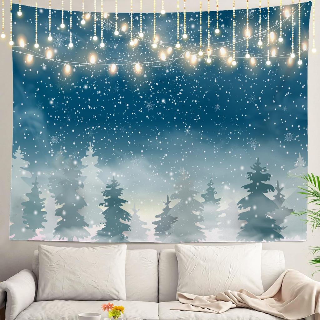 White Snow Wall Tapestry, Grey Wall Hanging Large Tapestry Decoration Polyester Fiber White Hem Around for Dorm Room Bedroom