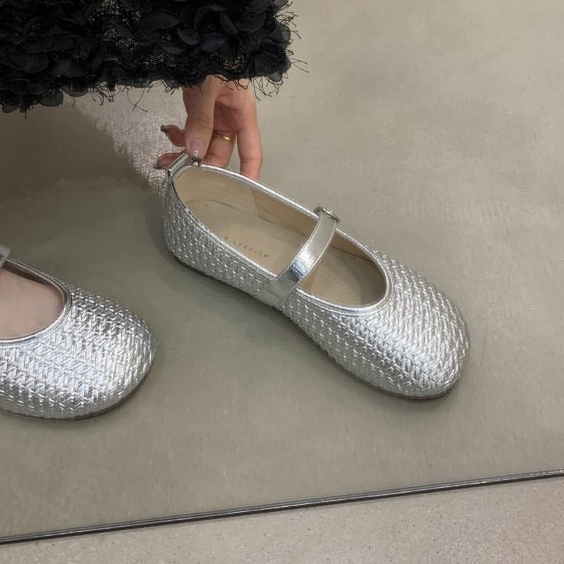Fashion Silver Mary Jane Shoes Women's Shallow Mouth 2025 Summer New Versatile Ultra Light Flat Slip-on Casual Single Shoes