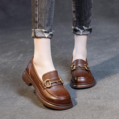 2025 Spring and Autumn New Single Shoes Cowhide Metal Buckle Loafers Middle Heel Soft Sole Comfortable Versatile Casual Single Shoes Women