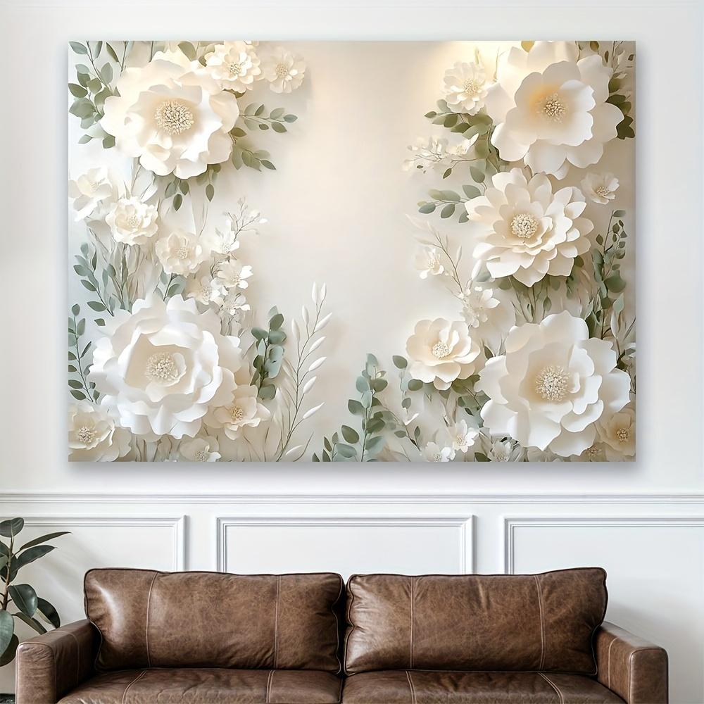 An elegant white floral polyester wall decoration - clustered flowers and green leaves with an elegant floral design