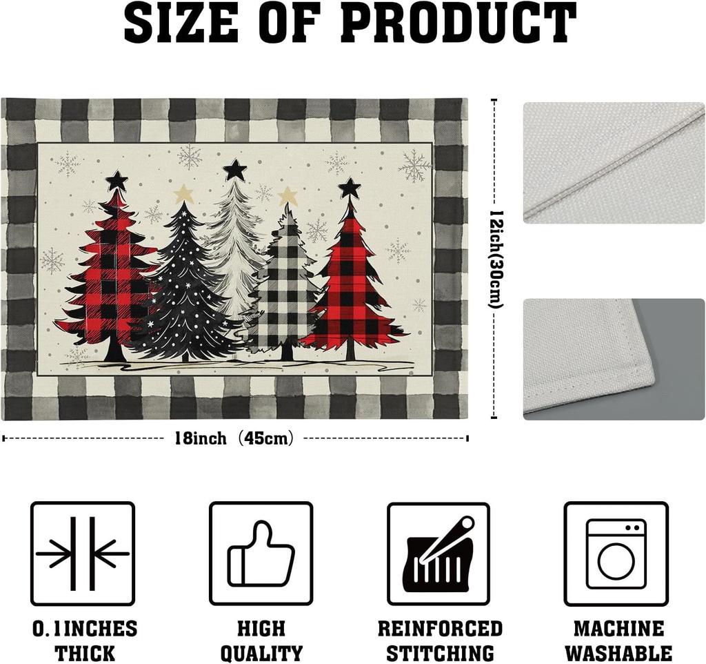 Waterclor Buffalo Plaid Christma Trees Linen Placemats Set of 6 18x12 Inch Xmas Winter Holiday Table Mat Wipeable Place Mat