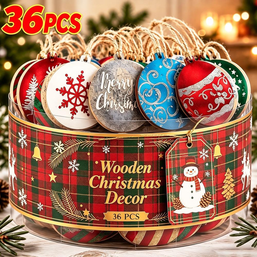 36/18PCS Wooden Christmas Ball Hanging Ornaments DIY Christmas Tree Decor Pendant with Rope New Year Party Home Decor Supplies