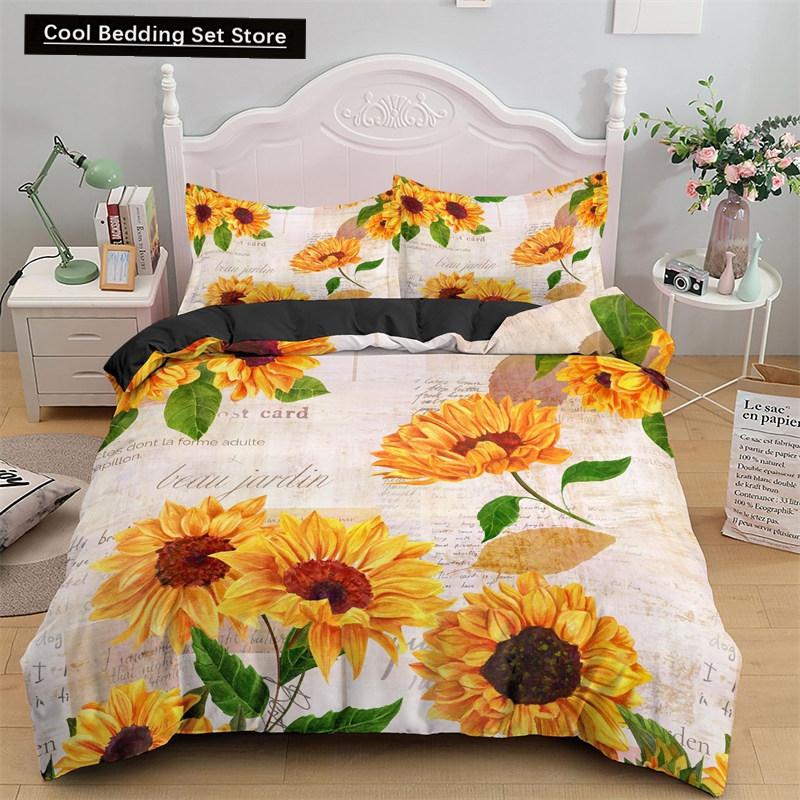 3D Sunflower King Queen Duvet Cover Yellow Flowers Bedding Set  Floral Green Leaves Comforter Cover 2/3pcs Polyester Quilt Cover