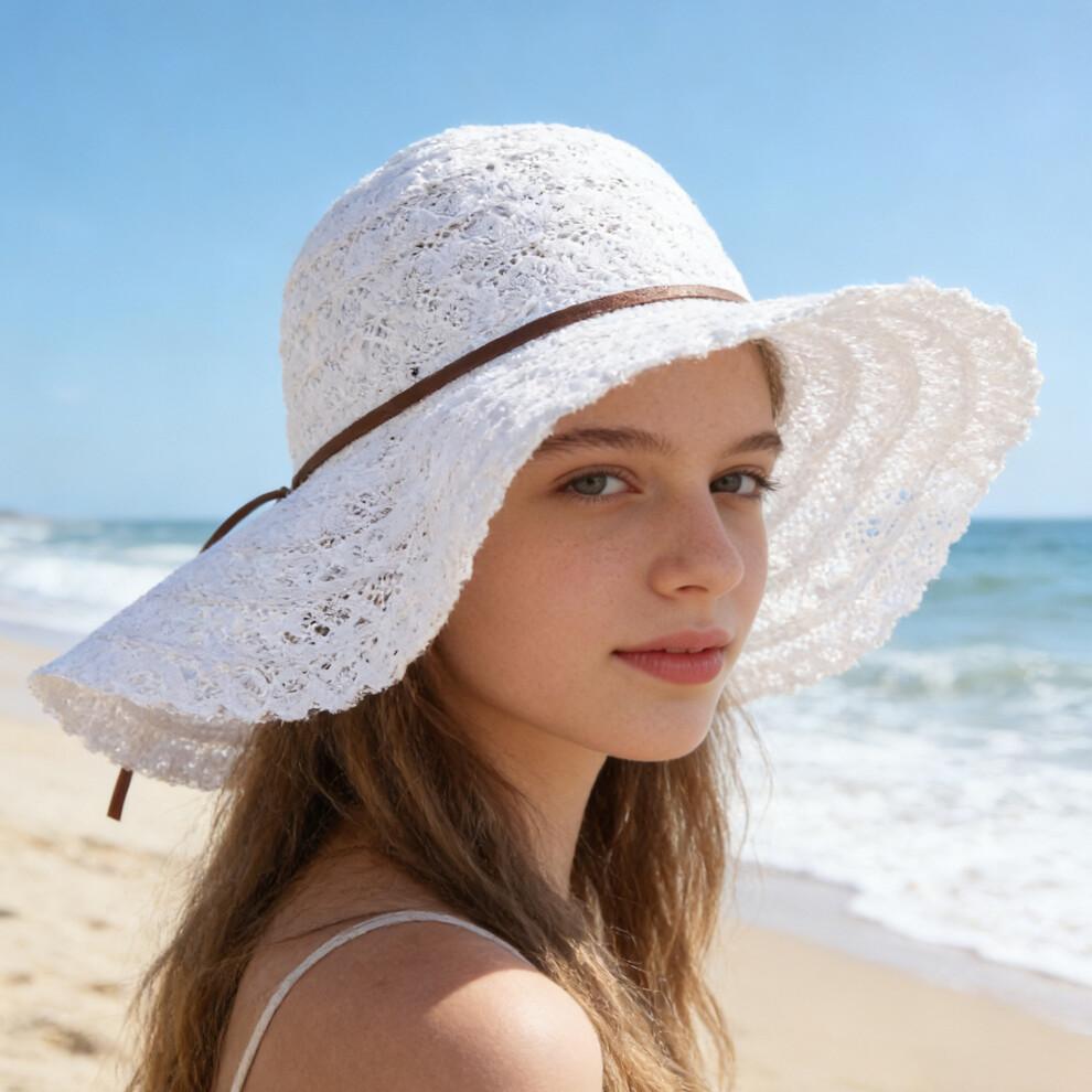 (Einheitsgröße, Weiß) Damen Sommerstrohhut Eleganter Floppy-Hut mit breiter Krempe Strandkappe Leichter Spitzen-Sonnenhut