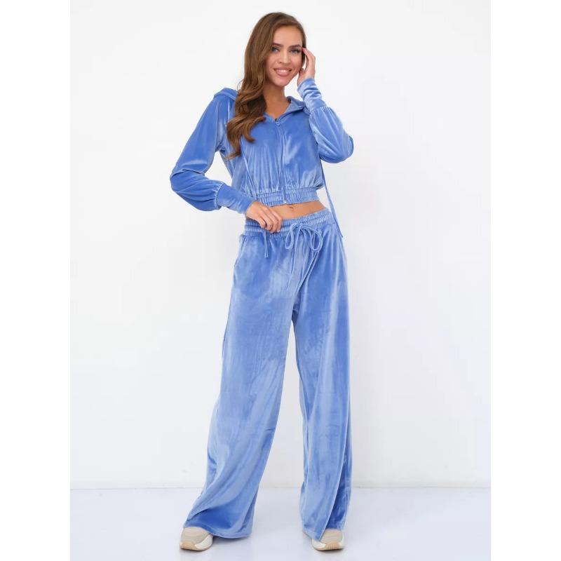 Women Casual Solid Color Zip Up Hooded Sweatshirt Wide Leg Pants Two Piece Set