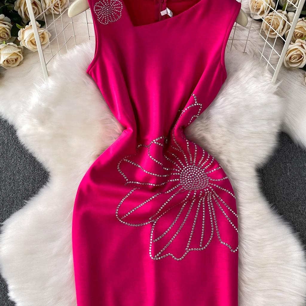 Dinner Party Dress Women's Summer High Sense Hot Diamond Flower V-Neck Sleeveless Slim Skinny Split Dress