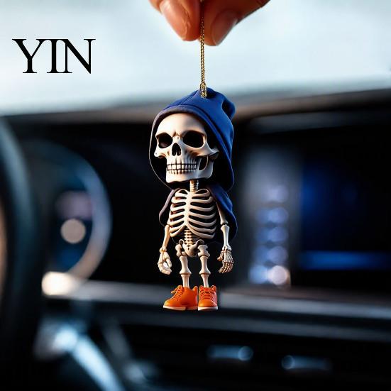 Lightweight Acrylic Car Decor 2Pcs Hoodie Skeleton Ornaments, 2D Flat Pendants, Gothic Backpack Pendant And Keychain Charm Style Hanging Ornaments for