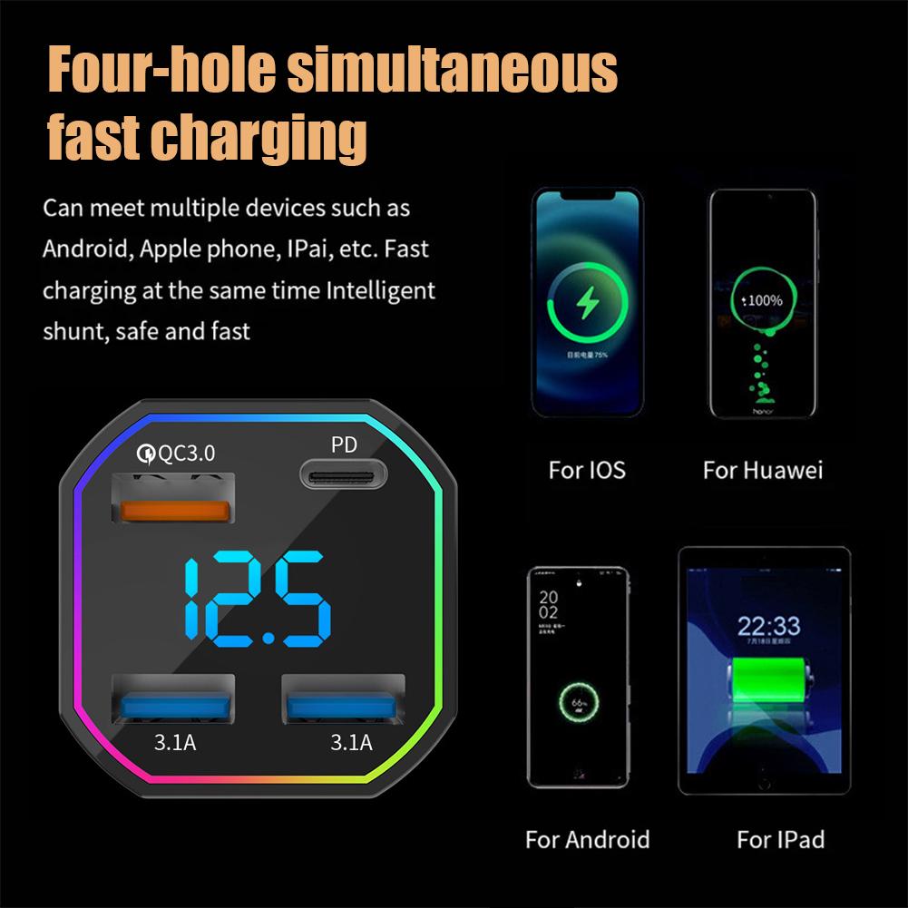 66W 4 Ports Car Charger Fast Charging PD QC3.0 USB C Car Phone Charger Type C Adapter In Car For iPhone Samsung Huawei Xiaomi