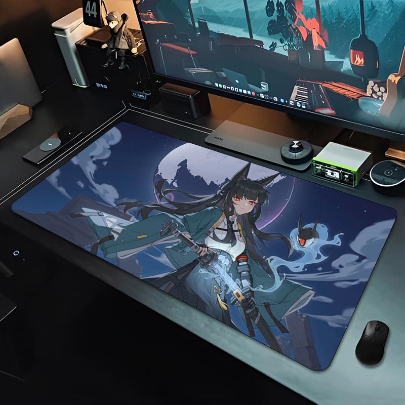 Gaming Mouse Pad Large Desk Mat Antislip Base Stitched Edges Cool Blue Anime Cat Girl Print for Gaming Office Desk Use