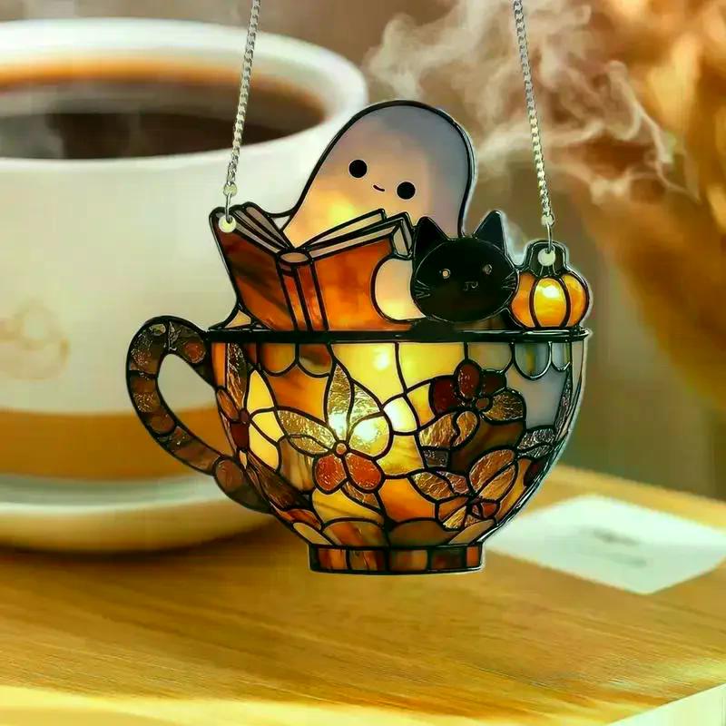 Colorful Shadow Window Suncatcher for Halloween Featuring Acrylic Ghost Reading Design