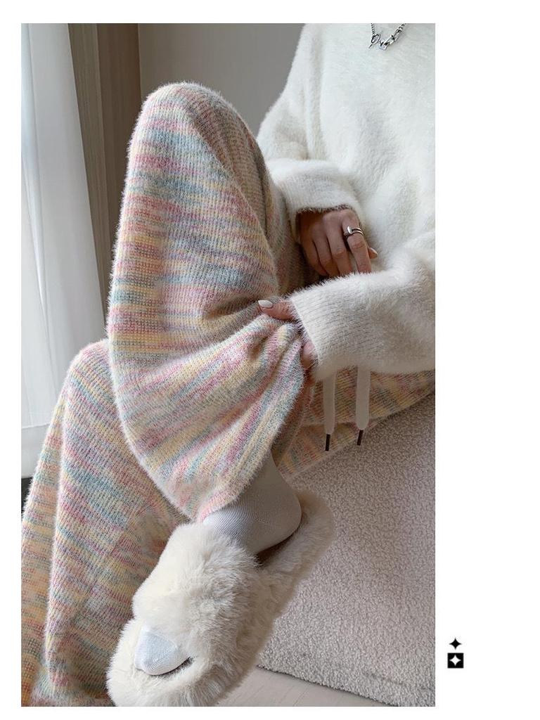 Women's Fleece-Lined Rainbow Sticky Rice Wide-Leg Pants: Warm High-Waist Casual Knitted Trousers for Autumn Winter