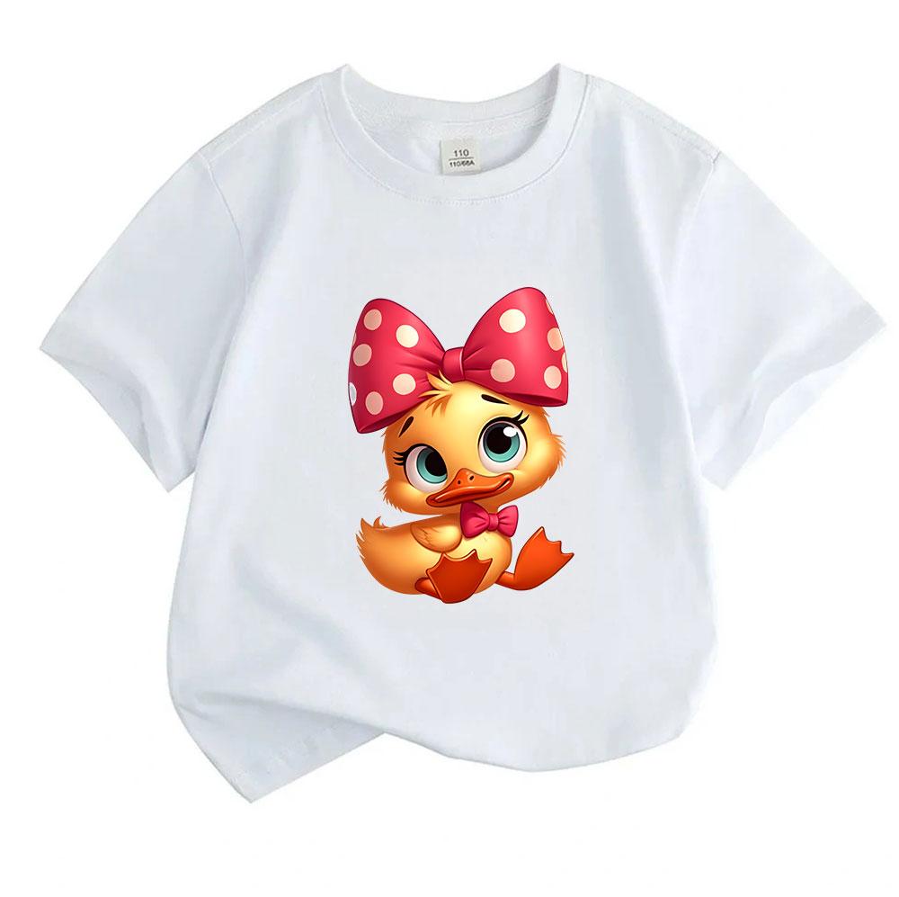 Kids Boys Girls 100% Cotton Crew Neck Short Sleeve T-Shirt, Cute Cartoon Duck with Red Polka Dot Bow Print Casual Soft Tees for Children Daily Wear