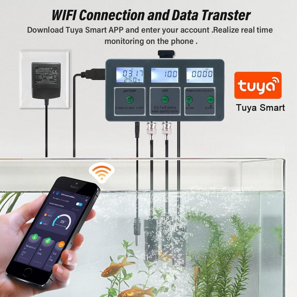 Water Detector 8 In 1 PH/ORP/EC/Salt/Temp/CF/S.G./TDS Meter, Data Logger By Tuya APP, High Accuracy Water Tester for Fish Pond, Aquariums Pool