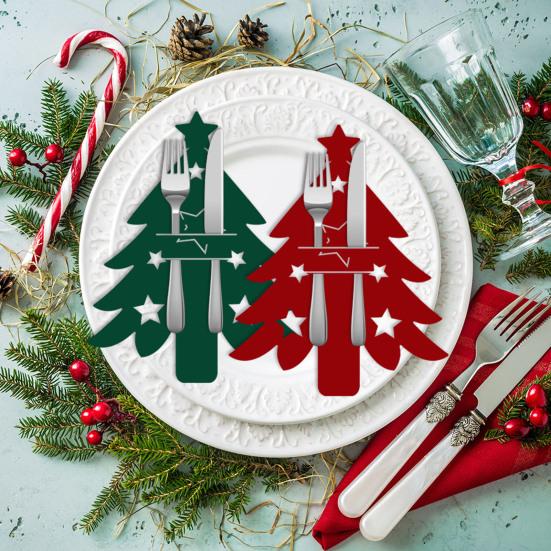 6/12Pcs Christmas Tree Cutlery Holder Bag Spoon Fork Dinner Flatware Cover Pouch Xmas Festival Holiday Party Dining Table Decoration Party Supplies