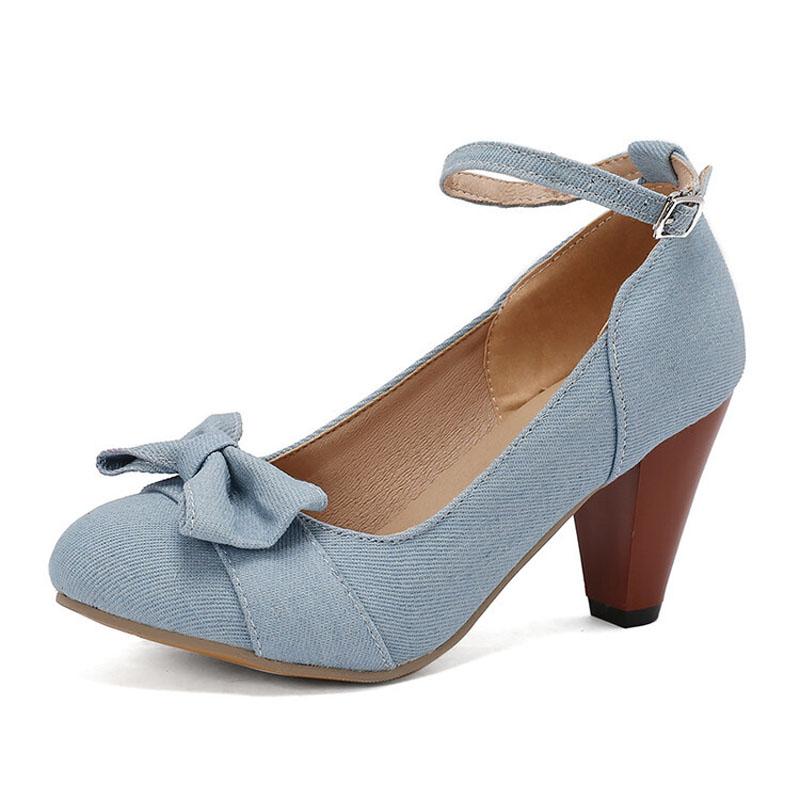 

Женские джинсовые туфли-лодочки с бантом, круглый носок, ремешок на щиколотке, массивный высокий каблук, модные туфли для платья, Sapatos Femininos, большой размер 34-43 WSH5142 34