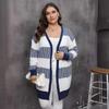 Women's Cardigan Autumn and Winter European and American Large-size Women's Clothing Contrasting Colors Striped Splicing Woven Casual Sweater Jacket 