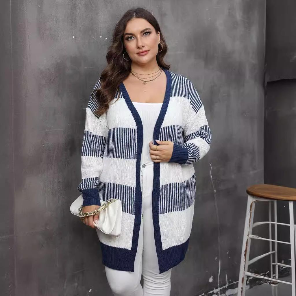Women's Cardigan Autumn and Winter European and American Large-size Women's Clothing Contrasting Colors Striped Splicing Woven Casual Sweater Jacket