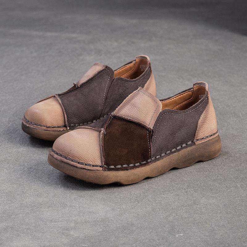 

Johnature Ретро Туфли на плоской подошве смешанных цветов из натуральной кожи, удобные, с круглым носком, женские слипоны 38 хаки